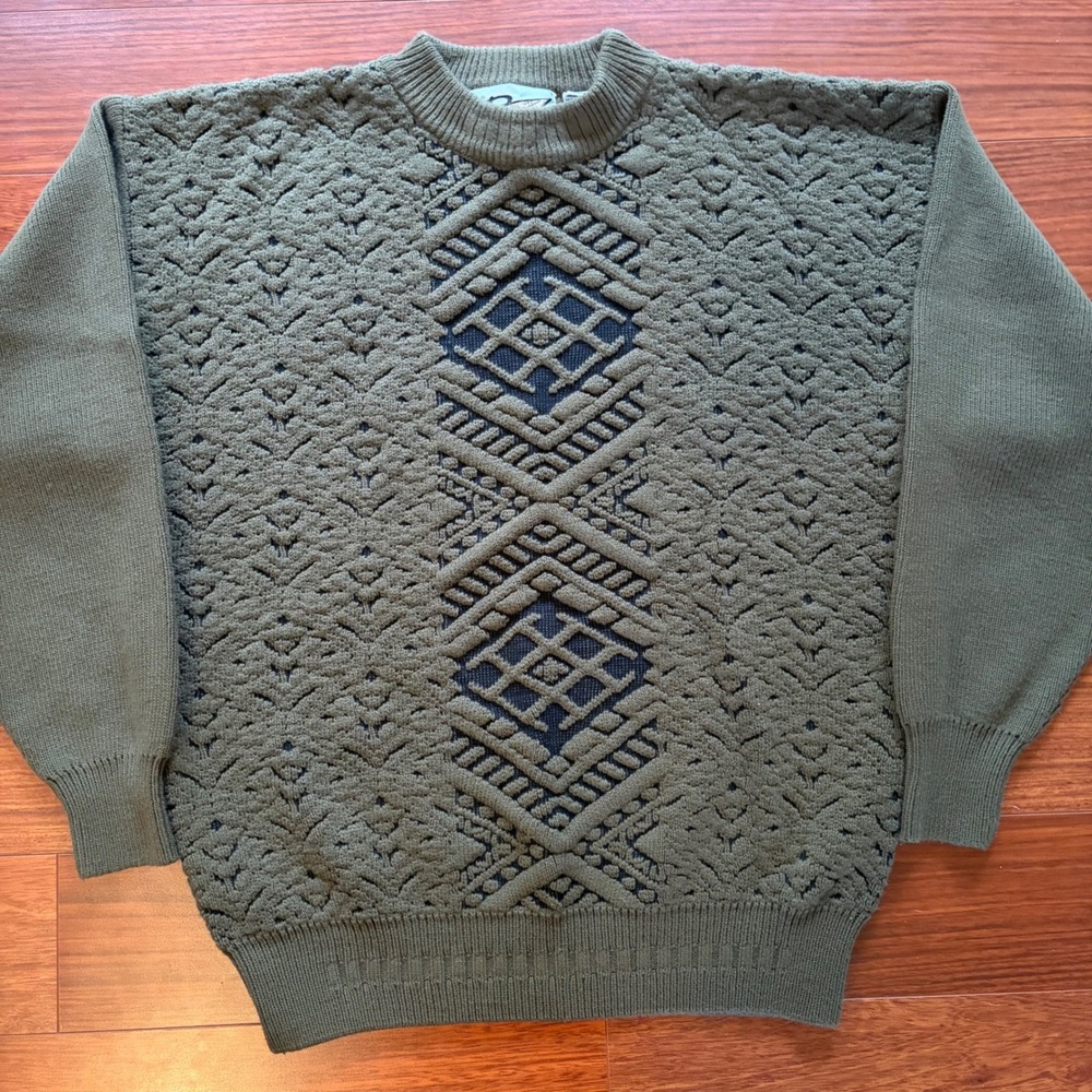 Pazzo Vintage Mens L/XL Olive Green Textured Knit Sweater Geometric Gorpcore 90s